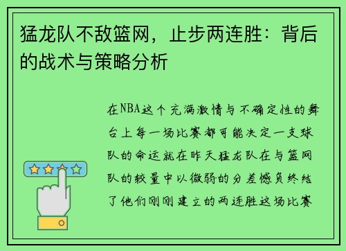 猛龙队不敌篮网，止步两连胜：背后的战术与策略分析